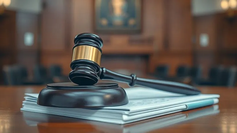Photorealistic image of a judge's gavel resting on a stack of legal documents, with a blurred courtroom background, symbolizing justice and legal enforcement. Professional photography, 8K, cinematic lighting, sharp focus on the gavel and documents, depth of field blurring the background, shot on a high-end DSLR.