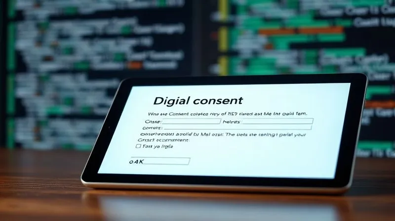 Photorealistic image of a digital consent form on a tablet, with a stylized 'check' mark and a blurred background of legal code, professional photography, 8K, cinematic lighting, sharp focus, depth of field, shot on a high-end DSLR.