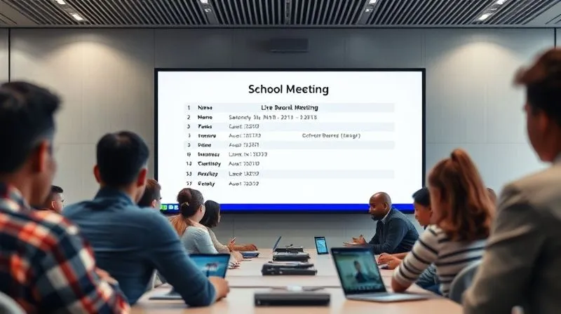 A photorealistic image of a modern, sleek digital display showing a school board meeting agenda and live stream link, with a diverse group of citizens viewing it on various devices in the background. Professional photography, 8K, cinematic lighting, sharp focus, depth of field, shot on a high-end DSLR.