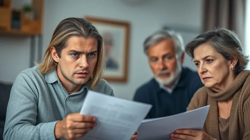 A photorealistic, professional photography, 8K, cinematic lighting, sharp focus, depth of field, shot on a high-end DSLR, showing two adult siblings looking stressed and concerned while discussing legal documents, with an elderly figure blurred in the background, symbolizing the emotional and familial challenges of conservatorship.