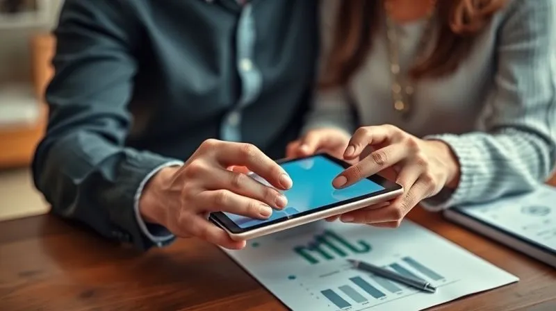 Photorealistic, professional photography, 8K, cinematic lighting, sharp focus on two hands, one male and one female, jointly operating a banking app on a tablet, a blurred background of a home office with financial documents, depth of field, shot on a high-end DSLR, conveying shared financial management.