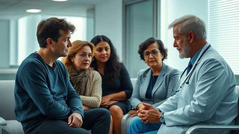 photorealistic, professional photography, 8K, cinematic lighting, sharp focus, depth of field, shot on a high-end DSLR. A diverse group of family members and a doctor engaged in a serious, empathetic discussion in a hospital waiting room. Their expressions convey concern and thoughtful deliberation, with a sense of shared responsibility. The lighting is soft and natural.