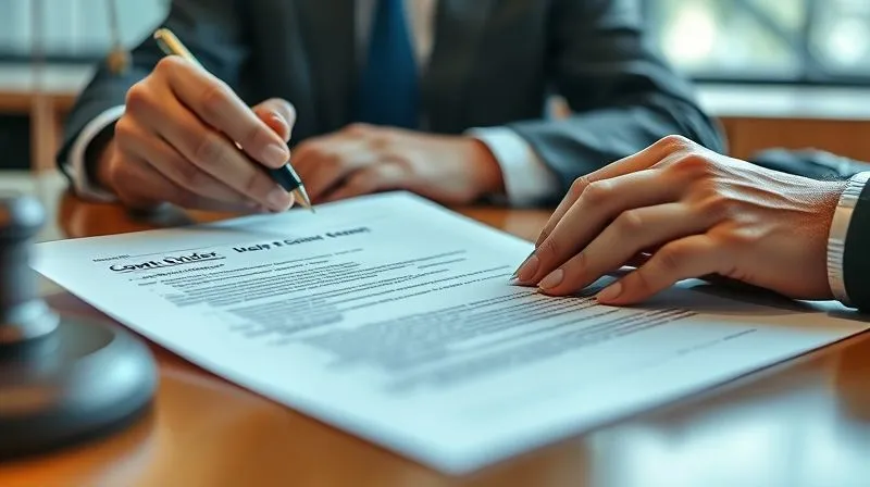 photorealistic, professional photography, 8K, cinematic lighting, sharp focus, depth of field, shot on a high-end DSLR. A legal document (perhaps a court order or guardian report) being reviewed carefully by a lawyer, with a pen poised above it. The scene is set in a professional, well-lit office, conveying meticulous attention to detail and ongoing legal diligence.