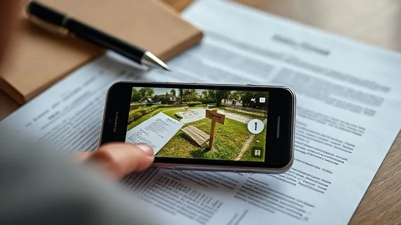 A close-up, photorealistic professional photography shot of legal documents and a smartphone taking a picture of a property boundary marker. Cinematic lighting, sharp focus on the documents, depth of field, 8K hyper-detailed.
