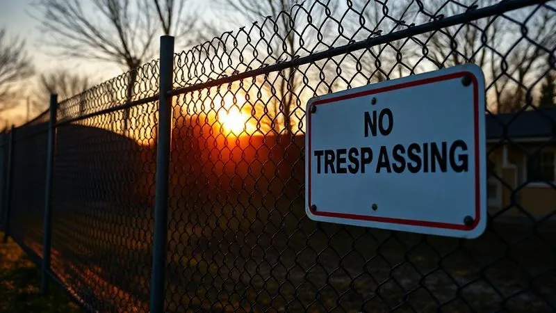 A photorealistic professional photography shot of a sturdy, well-maintained property fence with a clear "No Trespassing" sign prominently displayed. The sun is setting, casting long shadows, emphasizing security. Cinematic lighting, sharp focus, depth of field, 8K hyper-detailed.