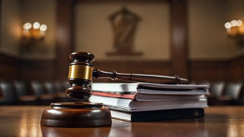 A photorealistic, professional photography image of a judge's gavel resting on a stack of legal documents in a dimly lit, traditional courtroom setting. The focus is sharp on the gavel, with a subtle depth of field blurring the background. Cinematic lighting, 8K hyper-detailed, conveying gravity and legal authority.