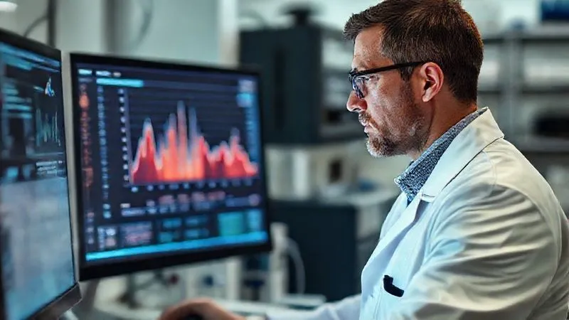 A photorealistic image of a forensic toxicologist in a lab coat, looking thoughtfully at a computer screen displaying complex chromatogram data, with a blurred background of laboratory equipment. Soft, analytical lighting, sharp focus on the toxicologist's face and the screen, depth of field. Shot on a high-end DSLR, 8K hyper-detailed, professional photography.