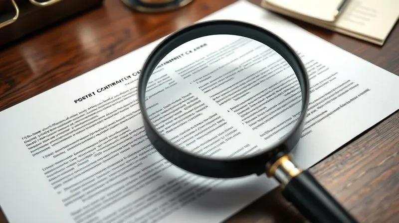 Photorealistic, professional photography, 8K, cinematic lighting, sharp focus, depth of field, shot on a high-end DSLR of a legal contract with a magnifying glass hovering over complex, dense text, highlighting a specific clause. The background is a polished, dark wood desk with subtle legal documents, creating an atmosphere of meticulous review and scrutiny.