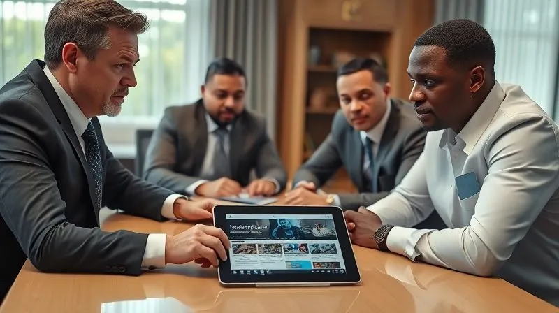 Photorealistic, professional photography, 8K, cinematic lighting, sharp focus, depth of field, shot on a high-end DSLR of a diverse team of professionals (lawyer, agent, PR specialist) intently discussing a strategy around a table, with a clear focus on a tablet displaying a news headline related to an athlete. The atmosphere is serious and collaborative, emphasizing brand protection and strategic communication.