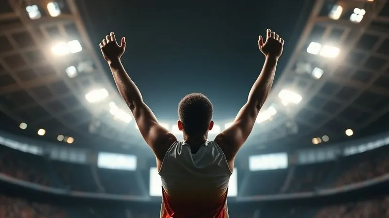 Photorealistic, professional photography, 8K, cinematic lighting, sharp focus, depth of field, shot on a high-end DSLR of a triumphant athlete, arms raised in a gesture of freedom and relief, silhouetted against a bright, expansive stadium or arena. The background is slightly blurred, focusing on the athlete's moment of liberation and future potential, symbolizing a successful resolution and new beginnings.
