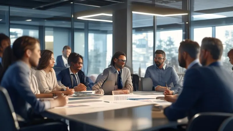 A photorealistic image of a professional, diverse group of individuals in a modern office environment, engaged in a formal meeting. One person is presenting a clear, organized document, while others listen intently, suggesting a formal escalation or problem-solving session. 8K, cinematic lighting, sharp focus on the presenter and documents, depth of field, shot on a high-end DSLR.