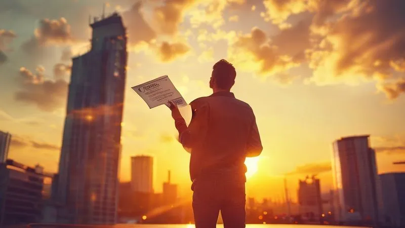 A photorealistic, professional photography of a triumphant individual standing confidently in front of a successful, completed construction project or a thriving business, holding a signed permit document. The sun is setting, casting a warm, optimistic glow, symbolizing achievement and overcoming challenges. 8K, cinematic lighting, sharp focus on the individual and permit, depth of field, shot on a high-end DSLR.