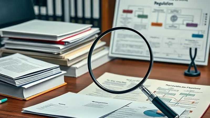 photorealistic, professional photography, 8K, cinematic lighting, sharp focus, depth of field, shot on a high-end DSLR. A highly organized desk with a stack of federal regulatory binders, open law books, and a detailed flowchart depicting complex interconnected federal agencies. A magnifying glass hovers over a specific, highlighted regulation, emphasizing meticulous research. The background is slightly blurred, hinting at the vastness of the regulatory landscape.