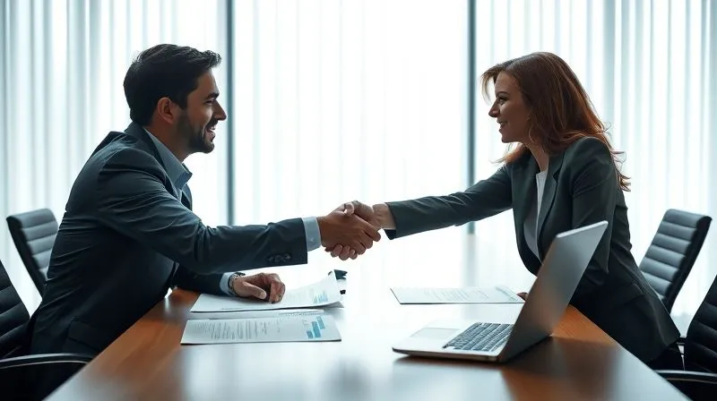photorealistic, professional photography, 8K, cinematic lighting, sharp focus, depth of field, shot on a high-end DSLR. Two professionals, one representing a business and the other a federal agency, shaking hands across a conference table with open government documents and laptops, signifying constructive dialogue and collaboration. The lighting is bright and optimistic, emphasizing a positive working relationship.