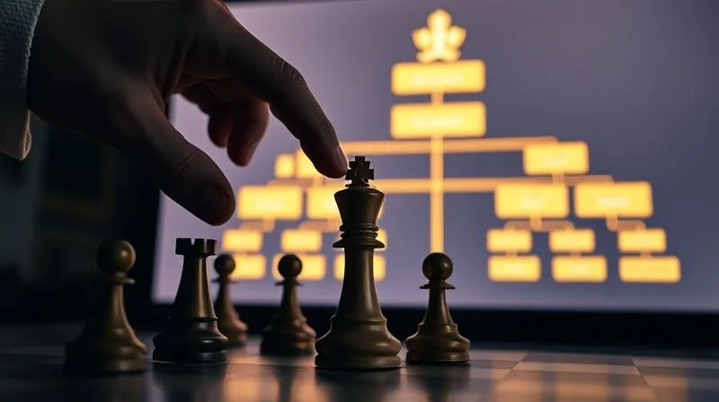 photorealistic, professional photography, 8K, cinematic lighting, sharp focus, depth of field, shot on a high-end DSLR. A hand moving a chess piece, specifically a knight, strategically up a tiered, illuminated bureaucratic organizational chart displayed on a glowing screen. The lower levels of the chart are in shadow, while the higher levels are brightly lit, symbolizing a clear path of escalation. The atmosphere is serious and strategic.
