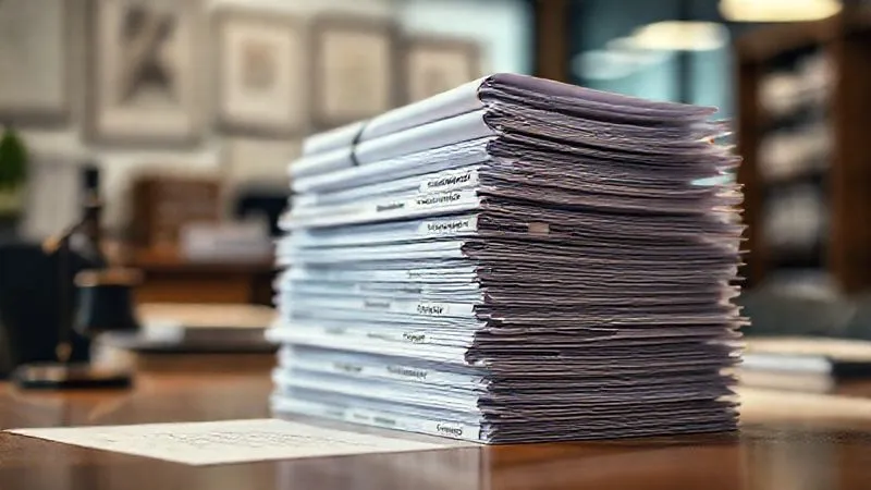 photorealistic, professional photography, 8K, cinematic lighting, sharp focus, depth of field, shot on a high-end DSLR, a meticulously organized stack of legal documents, each labeled with titles like 'Home Study Report,' 'Court Order,' and 'Medical Records,' with a blurred background of a busy legal office, emphasizing order and precision in paperwork.