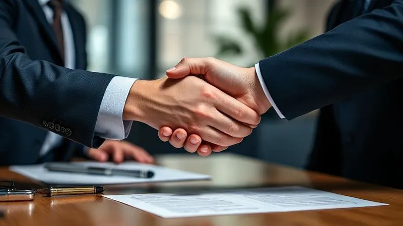 photorealistic, professional photography, 8K, cinematic lighting, sharp focus, depth of field, shot on a high-end DSLR, two hands clasped in a professional handshake over a table with blurred legal documents, one hand belonging to a legal professional, the other to a caseworker, conveying collaboration and respectful communication, with soft, ambient office lighting.