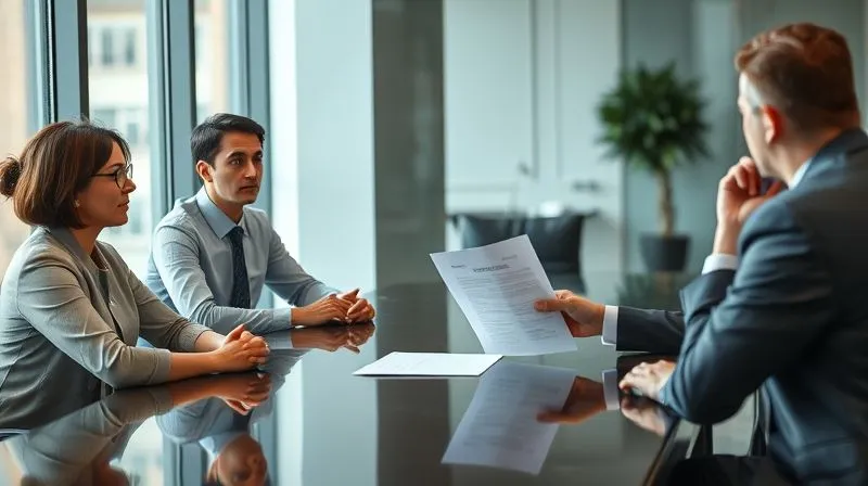 A photorealistic image of two professional individuals (one HR representative, one manager) sitting across a polished table from a third individual, who appears to be receiving serious news. The body language is somber but professional, with a focus on a document being presented. Soft, professional lighting in a modern office, 8K, sharp focus, depth of field, professional photography, shot on a high-end DSLR.