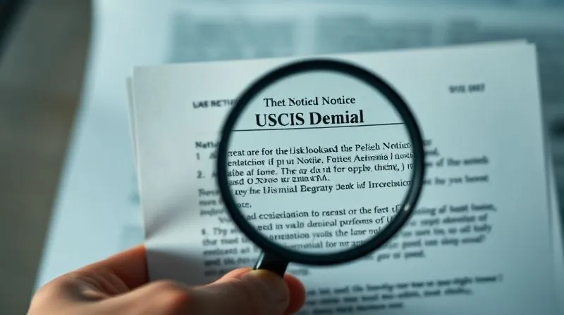 A photorealistic image of a hand holding a USCIS denial notice, with a magnifying glass focusing on the text, cinematic lighting, sharp focus, depth of field, shot on a high-end DSLR.