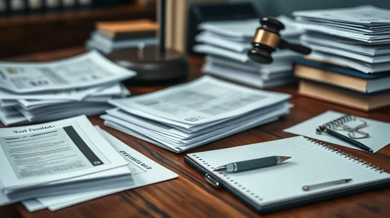 photorealistic, professional photography, 8K, cinematic lighting, sharp focus, depth of field, shot on a high-end DSLR. A meticulously organized desk with stacks of legal documents, medical bills, and a neat notepad, symbolizing thorough evidence collection. The scene emphasizes attention to detail and preparation.