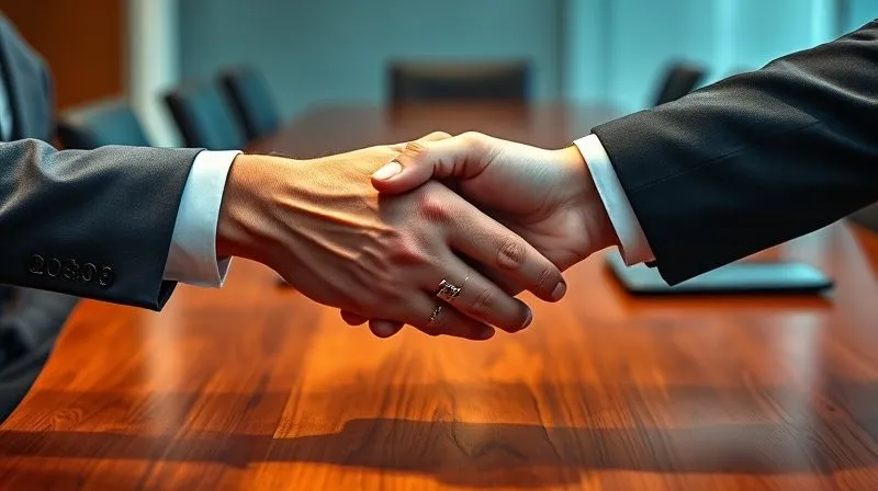 photorealistic, professional photography, 8K, cinematic lighting, sharp focus, depth of field, shot on a high-end DSLR. Two hands firmly shaking across a polished conference table, one hand representing an insurance adjuster's initial low offer, the other a claimant's strong counter, symbolizing a pivotal negotiation moment. The atmosphere is tense but professional.