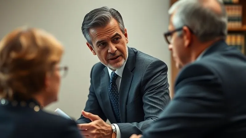 photorealistic, professional photography, 8K, cinematic lighting, sharp focus, depth of field, depth of field blurring the background, shot on a high-end DSLR. A compassionate, experienced personal injury attorney in a sharp suit, leaning forward, actively listening and advising a client, with legal books subtly blurred in the background, conveying trust and expert guidance.