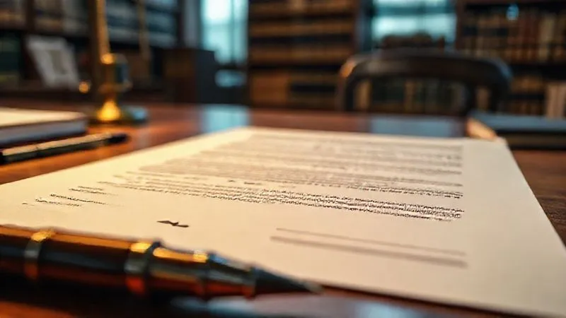 A photorealistic close-up of a meticulously organized, professional legal document on a desk, with specific sections highlighted and a signature line, cinematic lighting, sharp focus on the text, depth of field blurring a legal library in the background, 8K hyper-detailed.