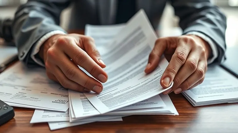 Photorealistic image of hands meticulously organizing various financial documents, including checks, legal papers, and trust agreements, with a focused expression, representing careful financial planning and asset protection. The setting is a professional office with soft, diffused lighting, sharp focus on the documents, depth of field blurring the background, 8K hyper-detailed, shot on a high-end DSLR.