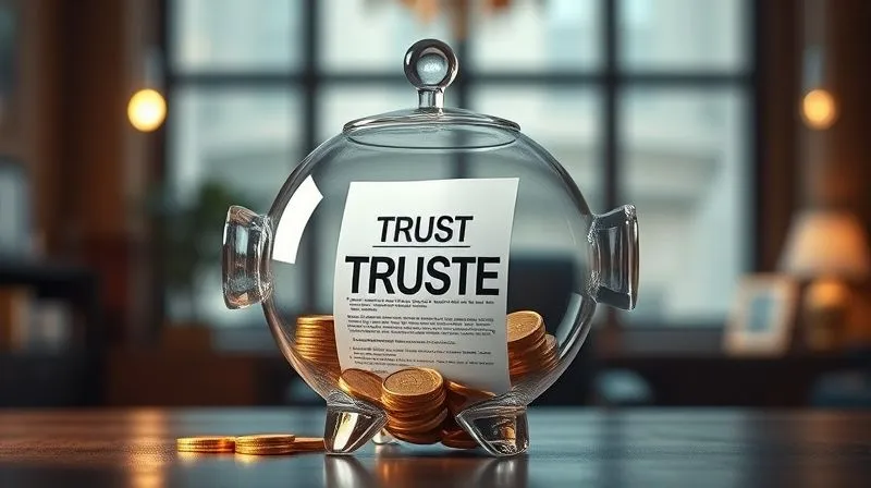 A photorealistic image of a secure, transparent glass piggy bank in the shape of a trust symbol, filled with glowing gold coins, with a life insurance policy document clearly visible inside. The background is a blurred, stately office, 8K, cinematic lighting, sharp focus, depth of field, shot on a high-end DSLR.