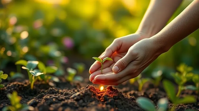 A photorealistic image of two hands, one older and one younger, gently placing a small, illuminated seed into fertile soil, with a blurred backdrop of a thriving, diverse garden. The lighting is warm and hopeful, symbolizing growth, legacy, and charitable giving, 8K, cinematic lighting, sharp focus, depth of field, shot on a high-end DSLR.