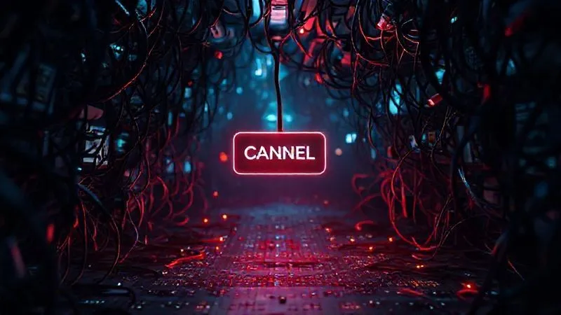 photorealistic, professional photography, 8K, cinematic lighting, sharp focus, depth of field, shot on a high-end DSLR, a maze of confusing digital interfaces and tangled wires leading to a single, brightly lit, almost invisible 'cancel' button, surrounded by dark, shadowy figures representing hidden fees and terms, conveying frustration and deception.