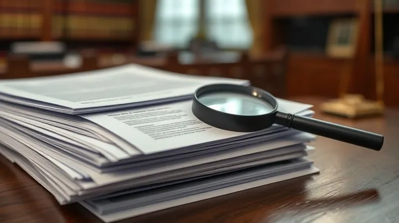 photorealistic, professional photography, 8K, cinematic lighting, sharp focus, depth of field, shot on a high-end DSLR. A close-up of a stack of legal briefs and documents on a defense attorney's desk, with a magnifying glass resting on top of a detailed document. The background is a slightly blurred courtroom or legal library setting, emphasizing meticulous preparation and attention to detail in a challenging case.