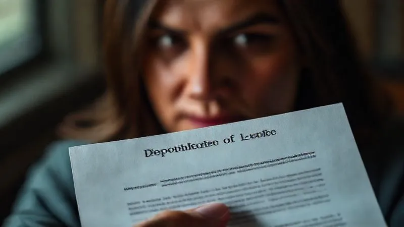 A photorealistic close-up of a hand holding a formal letter with "Department of Labor" letterhead, a subtle look of concern on the recipient's face in the blurred background, dramatic lighting, sharp focus on the letter, 8K hyper-detailed, shot on a high-end DSLR.