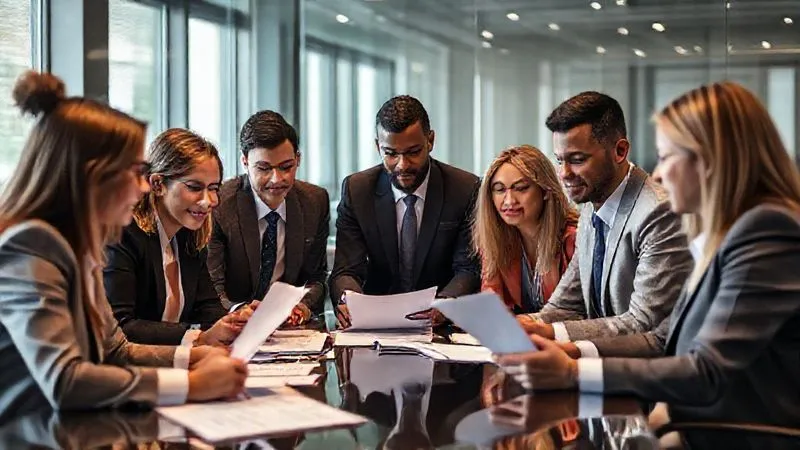 A professional, diverse team of legal and HR professionals in a modern conference room, collaboratively reviewing documents and discussing strategy, with a sense of focused determination. Cinematic lighting, sharp focus, depth of field, 8K hyper-detailed, shot on a high-end DSLR.