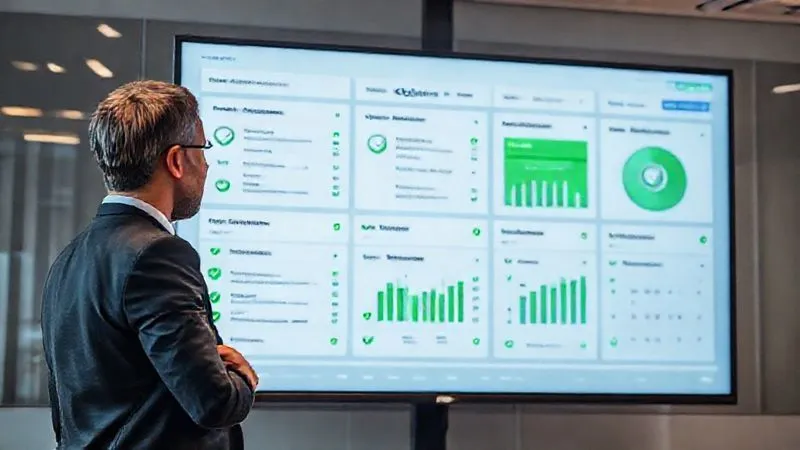 A photorealistic image of a well-organized legal compliance dashboard on a large monitor, displaying green checkmarks and positive metrics for various compliance areas, with a business professional confidently reviewing it. Cinematic lighting, sharp focus, depth of field, 8K hyper-detailed, shot on a high-end DSLR.