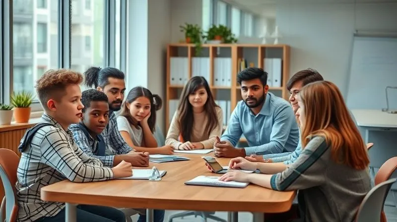 A photorealistic image of a diverse group of students and parents sitting around a table, engaged in a serious but empathetic discussion with a school administrator and a legal advisor. The setting is a modern, well-lit office, conveying support and understanding. Professional photography, 8K, cinematic lighting, sharp focus on the faces, depth of field blurring the background, shot on a high-end DSLR, emotionally resonant with concern and reassurance.