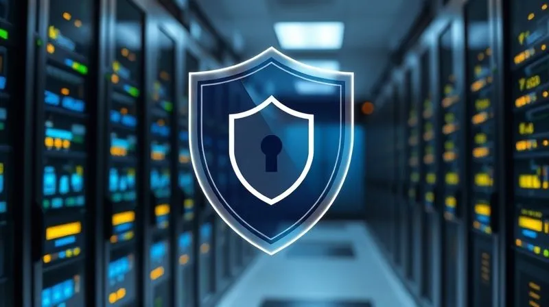 A photorealistic image of a secure, modern data center with glowing servers, overlaid with a transparent shield icon indicating protection and proactive security. The environment is clean, well-organized, and technologically advanced, conveying robustness and vigilance. Professional photography, 8K, cinematic lighting, sharp focus on the shield and servers, depth of field blurring the background, shot on a high-end DSLR, emotionally resonant with security and peace of mind.