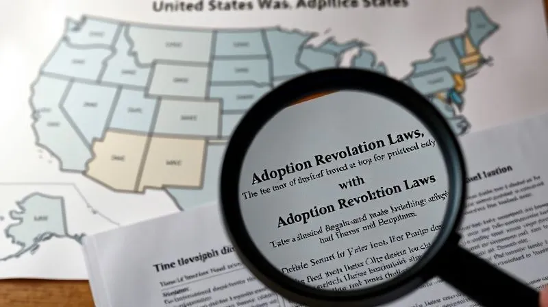 Photorealistic, professional photography, 8K, cinematic lighting, sharp focus, depth of field, shot on a high-end DSLR. A detailed map of the United States with different states subtly highlighted in varying shades, representing diverse adoption revocation laws. In the foreground, a close-up of a magnifying glass over a legal document, emphasizing the state-specific legal details. The scene conveys complexity and the need for precision.