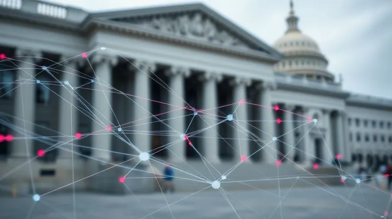 photorealistic, professional photography, 8K, cinematic lighting, sharp focus, depth of field, shot on a high-end DSLR. A complex, abstract visualization of data flow and bottlenecks, representing the USCIS immigration application process, with digital lines converging and diverging, some lines glowing red to indicate delays, set against a blurred backdrop of government buildings, conveying a sense of intricate bureaucracy.