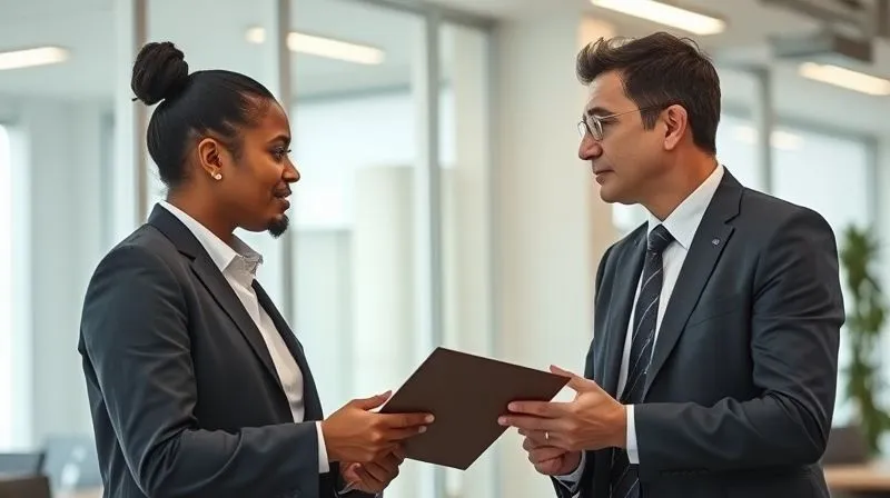 photorealistic, professional photography, 8K, cinematic lighting, sharp focus, depth of field, shot on a high-end DSLR. Two professionals, one DACA recipient and one HR manager, engaged in a serious but empathetic conversation in a modern office, with subtle gestures of understanding and support, conveying open communication about sensitive employment issues. The DACA recipient holds a document folder, while the HR manager listens attentively.