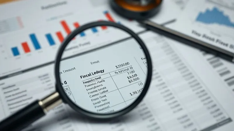 photorealistic, professional photography, 8K, cinematic lighting, sharp focus, depth of field, shot on a high-end DSLR. A magnifying glass hovering over a complex financial ledger, highlighting a specific, unusual transaction entry, with blurred figures and documents in the background, conveying investigation and scrutiny.