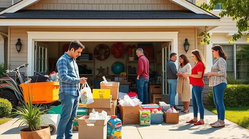 photorealistic, professional photography, 8K, cinematic lighting, sharp focus, depth of field, shot on a high-end DSLR. A family (Martinez family) happily conducting a well-organized garage sale in their driveway, with clear price tags, diverse items, and several people browsing. The scene is brightly lit by natural sunlight, conveying transparency and normal activity.
