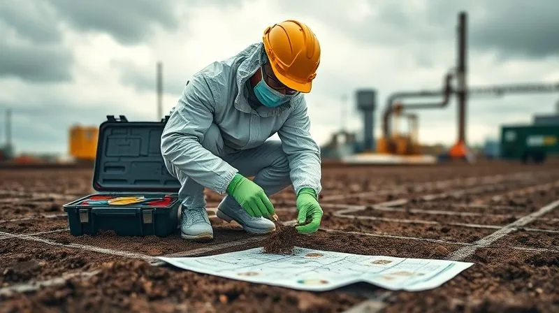 photorealistic, professional photography, 8K, cinematic lighting, sharp focus, depth of field, shot on a high-end DSLR, An environmental consultant in protective gear carefully collecting a soil sample from a marked grid, with specialized, PFAS-free equipment. A portable lab kit is visible nearby, and a field map with marked points is in the foreground. The setting is an industrial site under a cloudy sky, conveying meticulous scientific investigation.