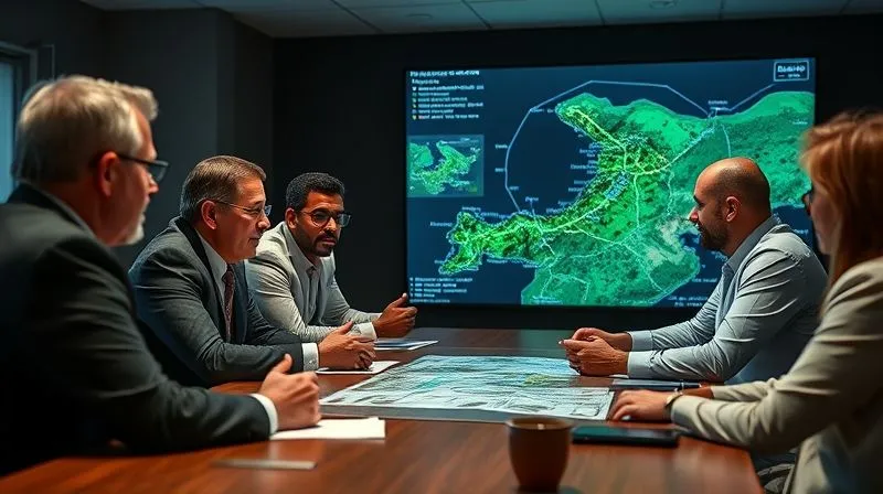 photorealistic, professional photography, 8K, cinematic lighting, sharp focus, depth of field, shot on a high-end DSLR, A diverse group of professionals (environmental consultants, lawyers, community representatives) engaged in a serious but constructive discussion around a conference table. A digital display in the background shows a map of a property with overlaid environmental data. The mood is collaborative and focused on problem-solving, emphasizing trust and transparency in a complex environmental situation.