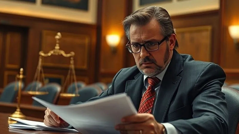 A determined bankruptcy attorney in a courtroom, reviewing documents with a look of intense focus, scales of justice subtly in the background, representing legal challenge and the pursuit of justice, cinematic lighting, sharp focus, depth of field, 8K hyper-detailed.