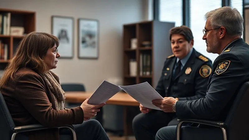 Photorealistic image of a concerned family member speaking with a uniformed police officer and a social worker in a professional office setting, discussing documents. The mood is serious but hopeful, 8K, cinematic lighting, sharp focus, depth of field, shot on a high-end DSLR.
