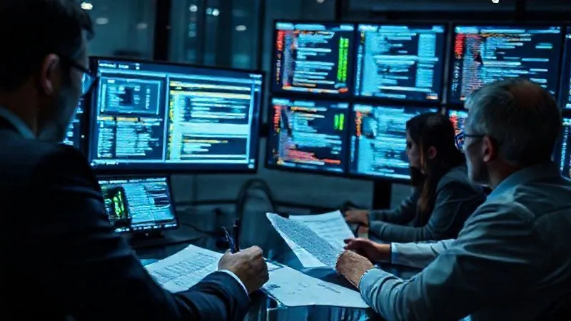 A photorealistic image of a legal team intently reviewing a complex digital data room on multiple screens, with highlighted sections and notes, representing initial IP disclosure review. Cinematic lighting, sharp focus on the screens and documents, depth of field blurring the background. 8K hyper-detailed, shot on a high-end DSLR.