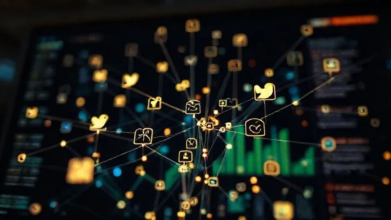 A photorealistic, professional photography, 8K, cinematic lighting, sharp focus, depth of field, shot on a high-end DSLR, showing a network of glowing lines connecting various social media icons and news feeds to a central analytical dashboard, symbolizing the aggregation of public sentiment and social listening data for legal insights.