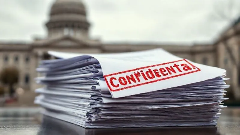 A photorealistic, professional photography, 8K, cinematic lighting, sharp focus, depth of field, shot on a high-end DSLR, showing a stack of official-looking regulatory documents and reports, with a red 'Confidential' stamp partially visible, hinting at hidden information, against a backdrop of blurred government buildings.