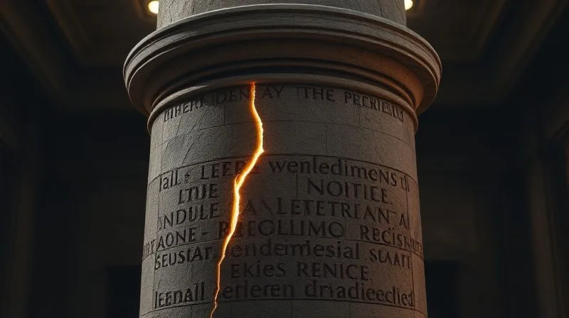 A photorealistic image of an ancient, weathered stone pillar with intricate carvings, representing legal precedents and the foundation of law, with a delicate, glowing crack running through it, symbolizing a subtle yet fundamental reversible error, set against a backdrop of a grand, dimly lit courthouse interior. professional photography, 8K, cinematic lighting, sharp focus, depth of field, shot on a high-end DSLR.